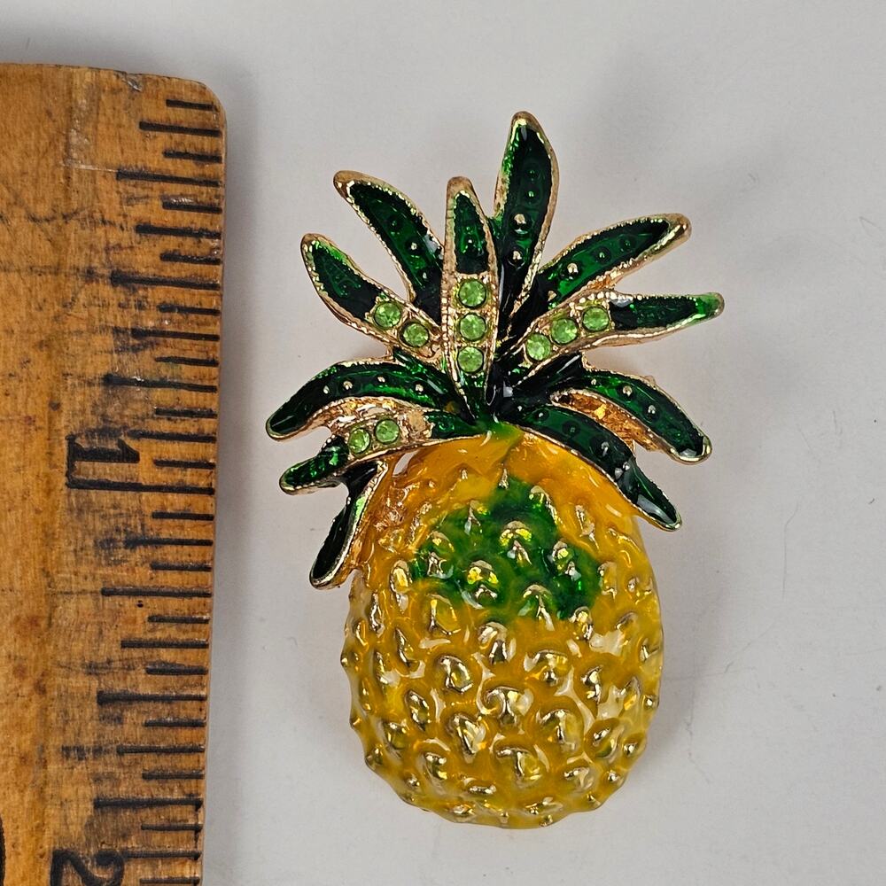 Pineapple brooch pin stones sparkly glitzy glam trendy yellow green as is